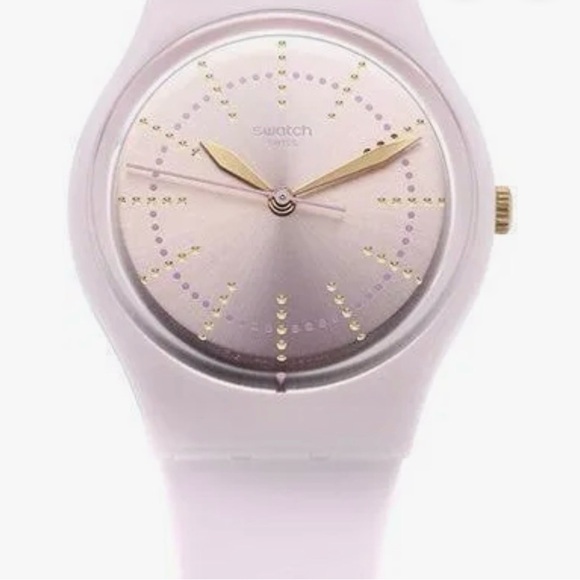 Swatch Accessories - Swatch GUIMAUVE GP148 Watch w/ Metallic Face & Light Pink Silicone Strap